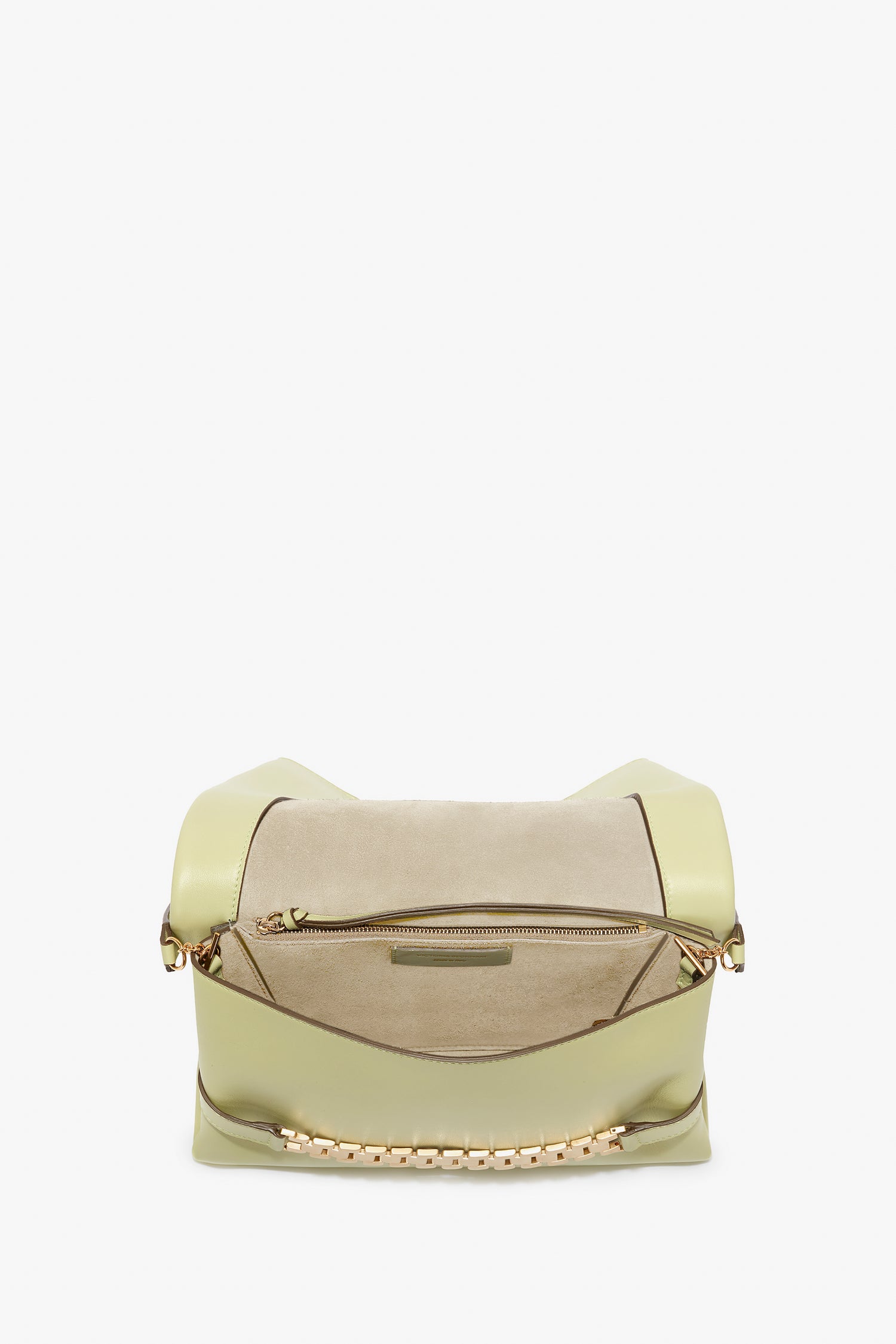 Light green Victoria Beckham designer handbag with gold chain detail and a front zipper, displayed against a white background.