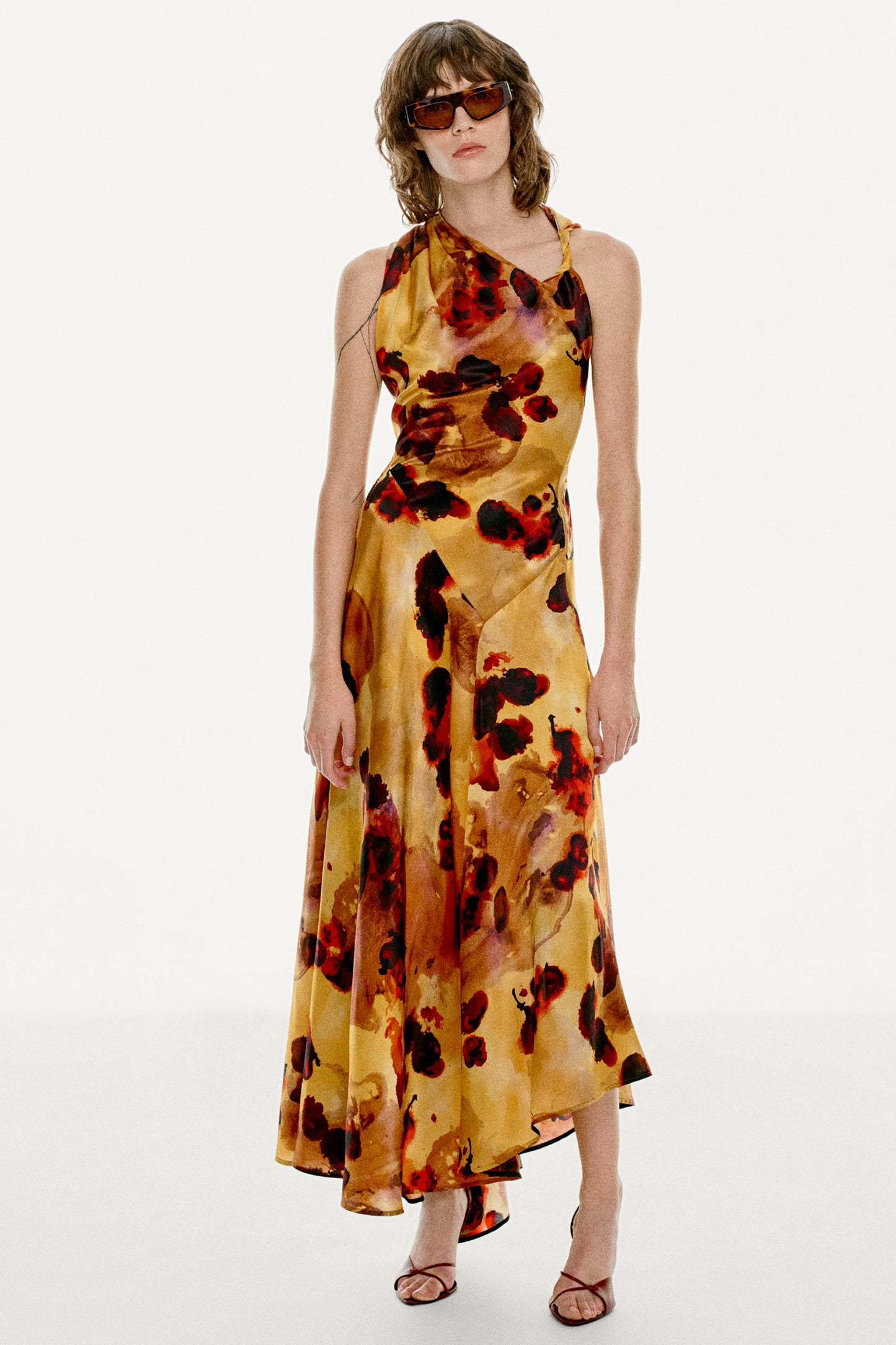 Draped Midi Dress In Amber Floral Print
