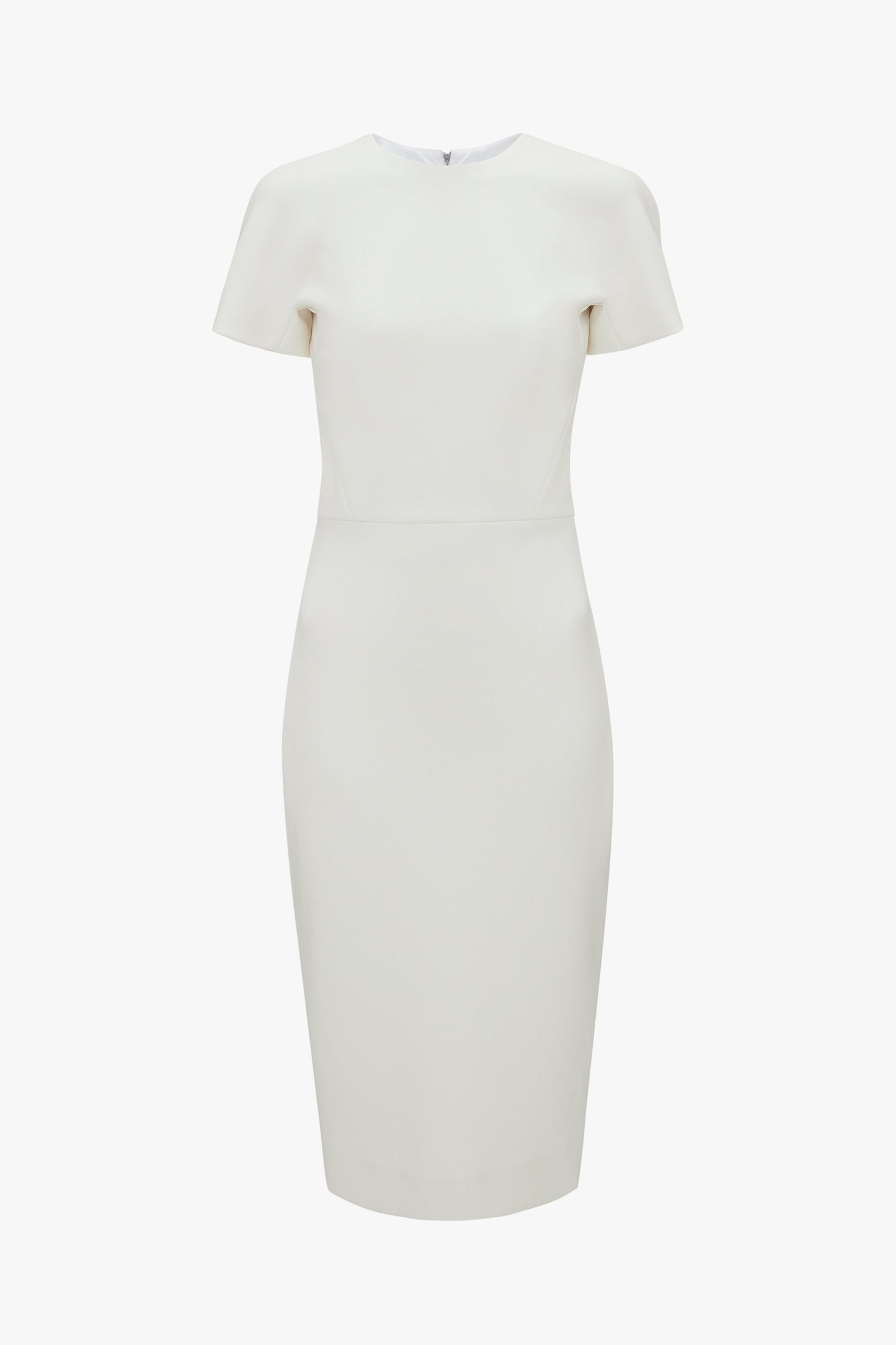 A plain ivory knee-length Victoria Beckham fitted T-shirt dress with short sleeves and a subtle boat neckline, displayed against a white background.