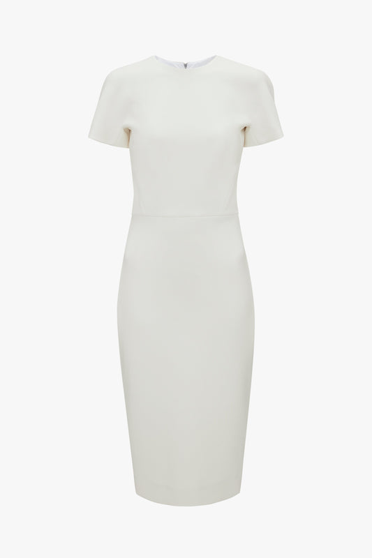 A plain ivory knee-length Victoria Beckham fitted T-shirt dress with short sleeves and a subtle boat neckline, displayed against a white background.