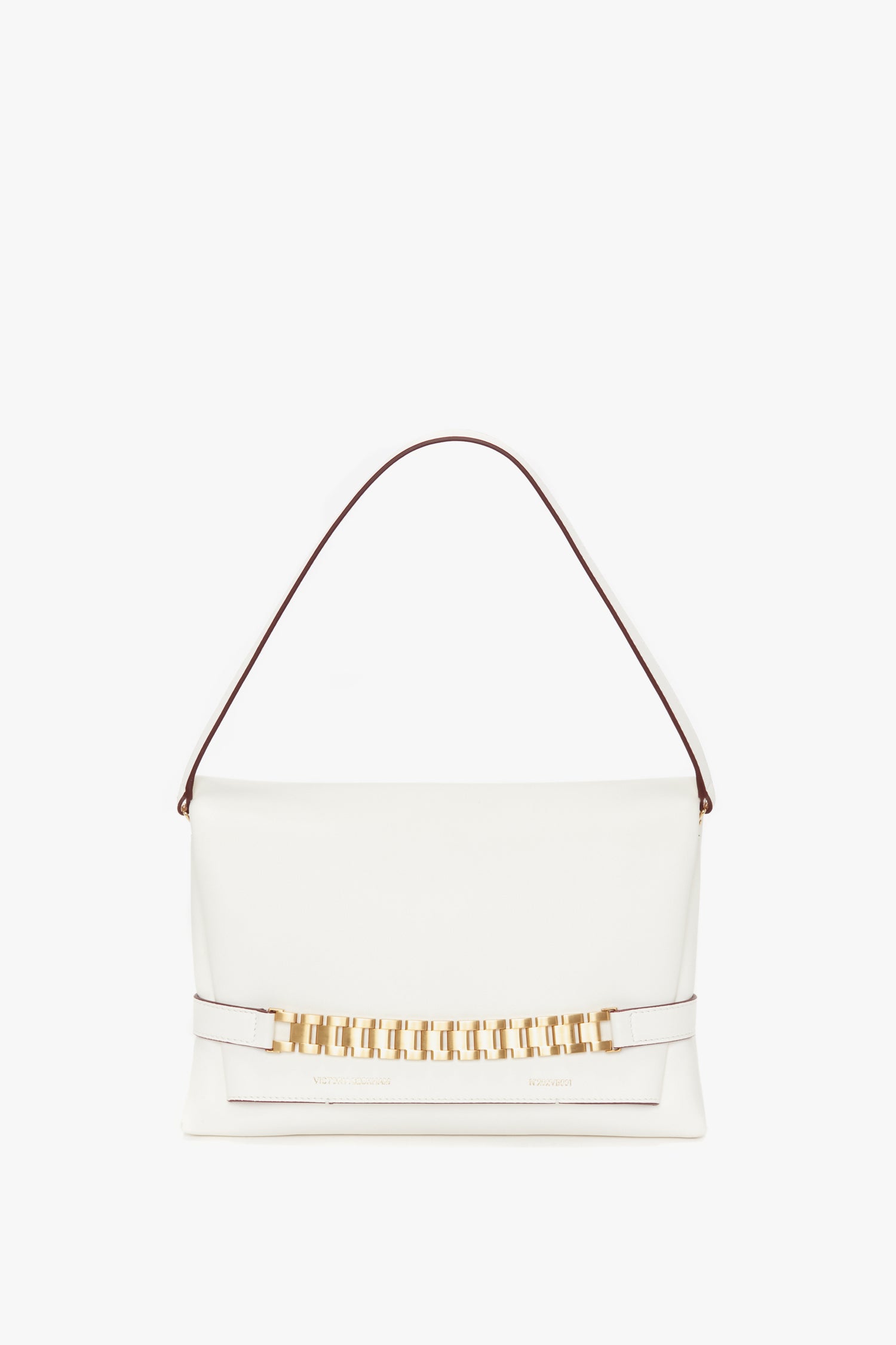 A Victoria Beckham Chain Pouch Bag with Strap In White Leather, crafted from luxurious Nappa leather, featuring a single strap and a fold-over flap with a gold geometric accent. This elegant piece also includes a detachable strap for added versatility.
