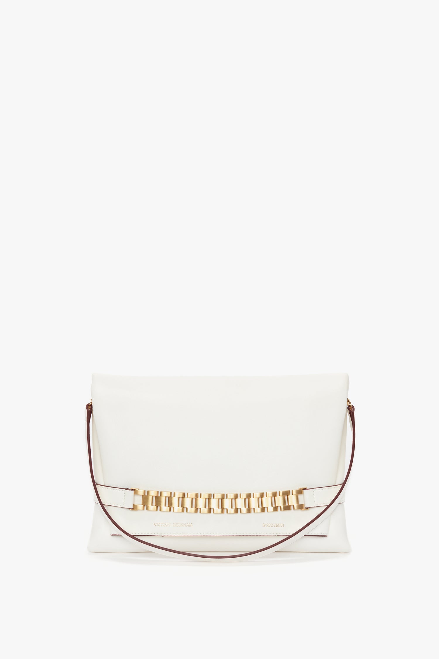 A white rectangular Chain Pouch Bag with Strap In White Leather by Victoria Beckham with a gold chain detail on the front and a thin maroon detachable strap.