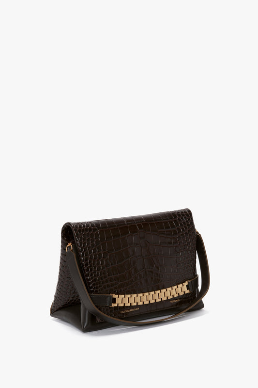 Chain Pouch With Strap In Chocolate Croc-Effect Leather