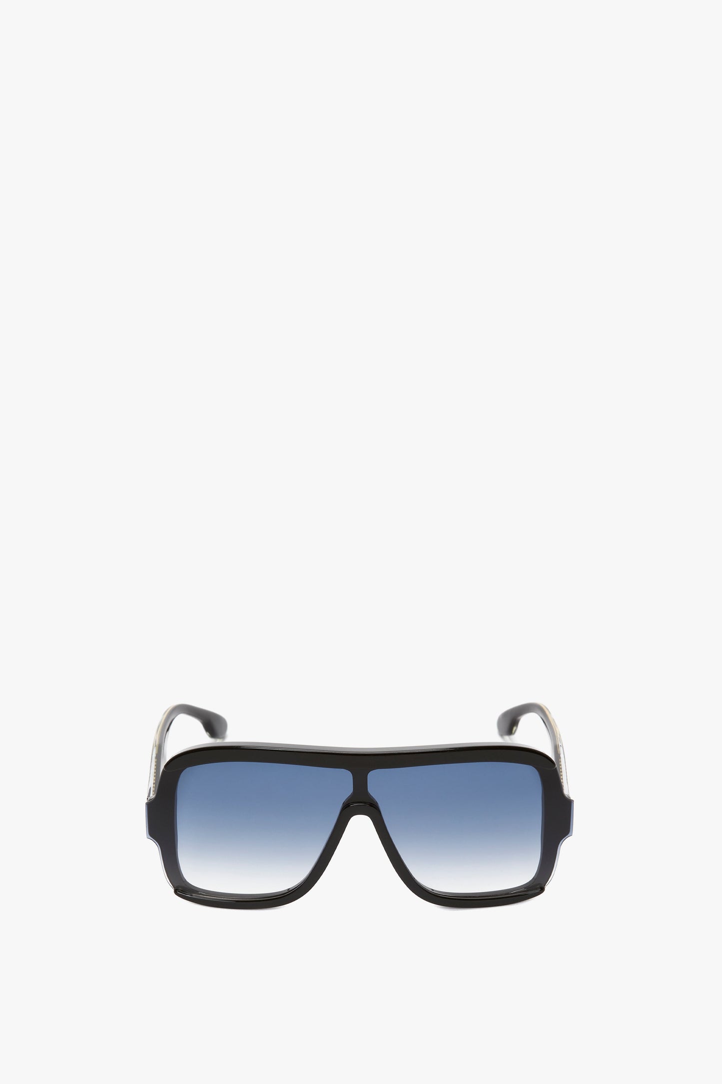 A pair of Layered Mask Sunglasses In Black Gradient by Victoria Beckham, with black rectangular lenses and a thick black frame, isolated on a white background.