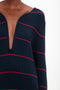 A person is wearing a Victoria Beckham Frame Detail Jumper Dress In Navy-Red. The background is plain white.