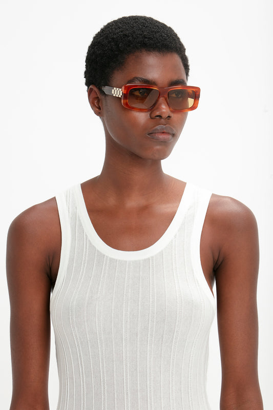Chain Detail Rectangular Frame Sunglasses In Striped Blonde Havana