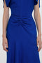 A close up of a woman's Victoria Beckham Gathered Waist Midi Dress In Palace Blue silhouette.