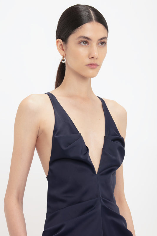 Gathered Racer Back Dress In Ink Blue