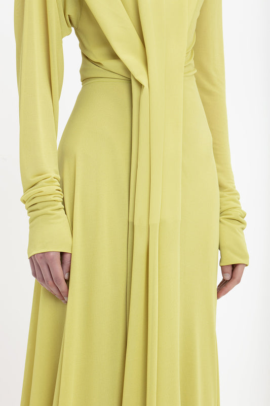 Long Sleeve Draped Jersey Floor-Length Gown In Citrus