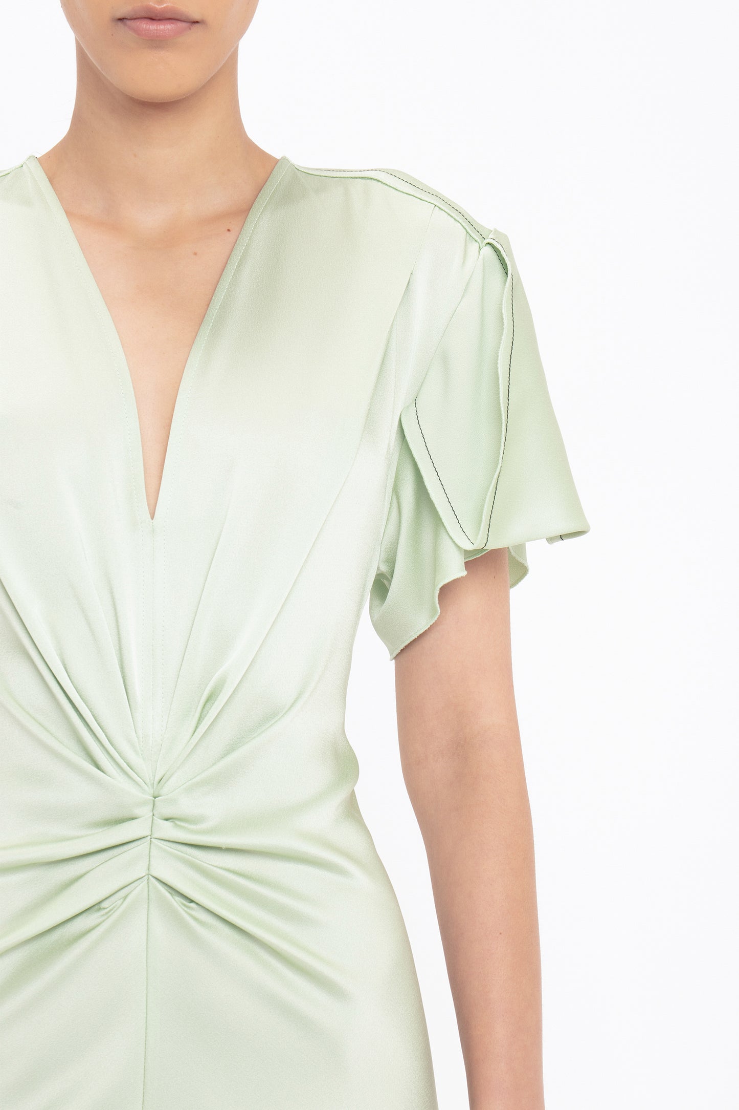 Gathered V-Neck Midi Dress In Jade