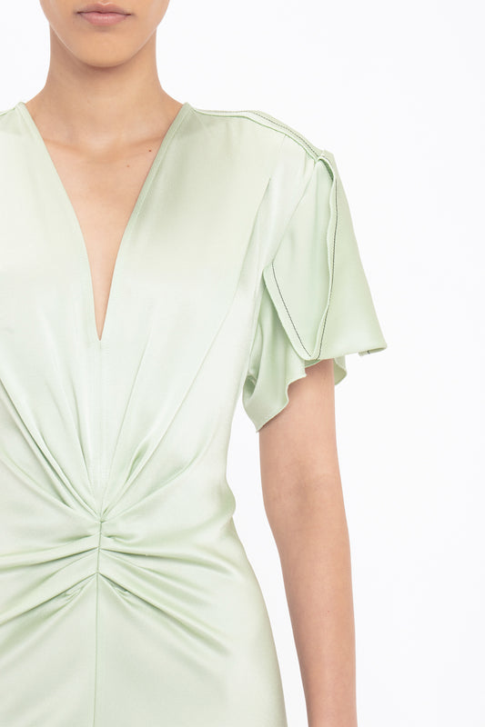 Gathered V-Neck Midi Dress In Jade