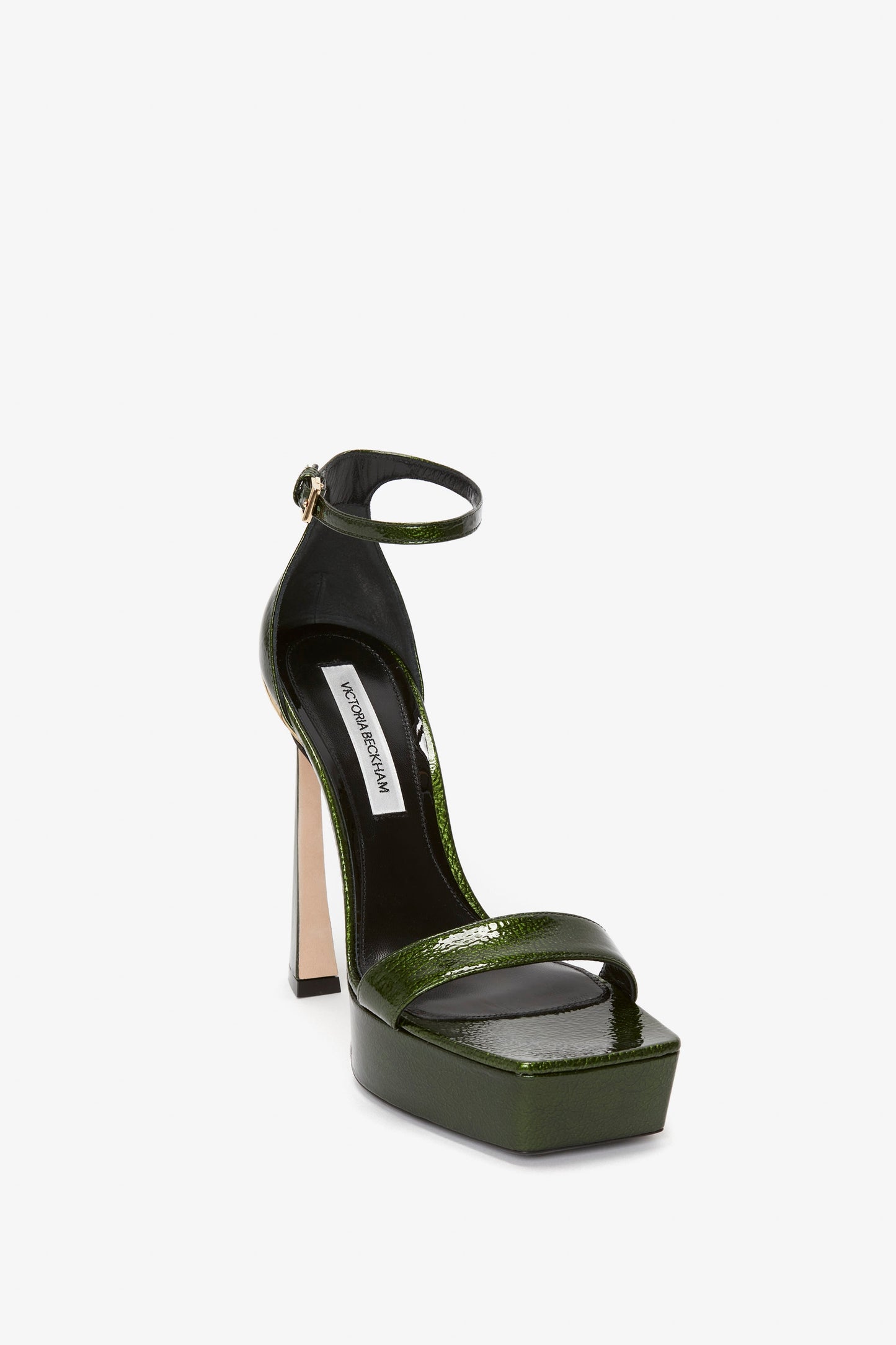 A single green Squared Toe Platform Sandal in Green Grained Patent with a 100mm heel and ankle strap by Victoria Beckham, viewed from the front.