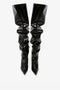 A pair of black, high-heeled, slouchy leather Thigh High Pointy Boot in Black Patent by Victoria Beckham with a versatile style and pointed toes.