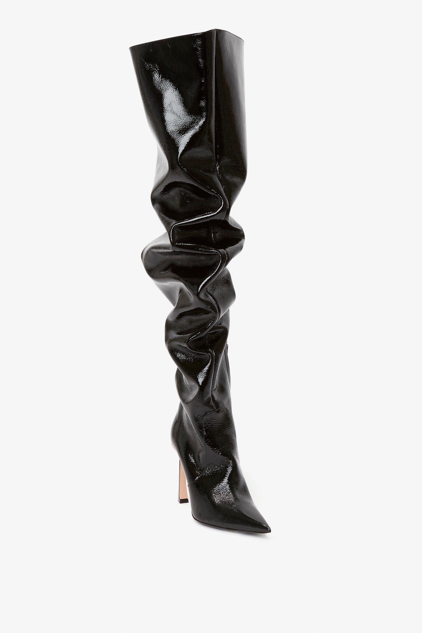 Thigh High Pointy Boot in Black Patent