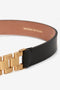 Close-up of a black calf-leather Watch Strap Detail Belt in Black with a brown inner lining and a gold rectangular buckle, exuding that signature Victoria Beckham look.