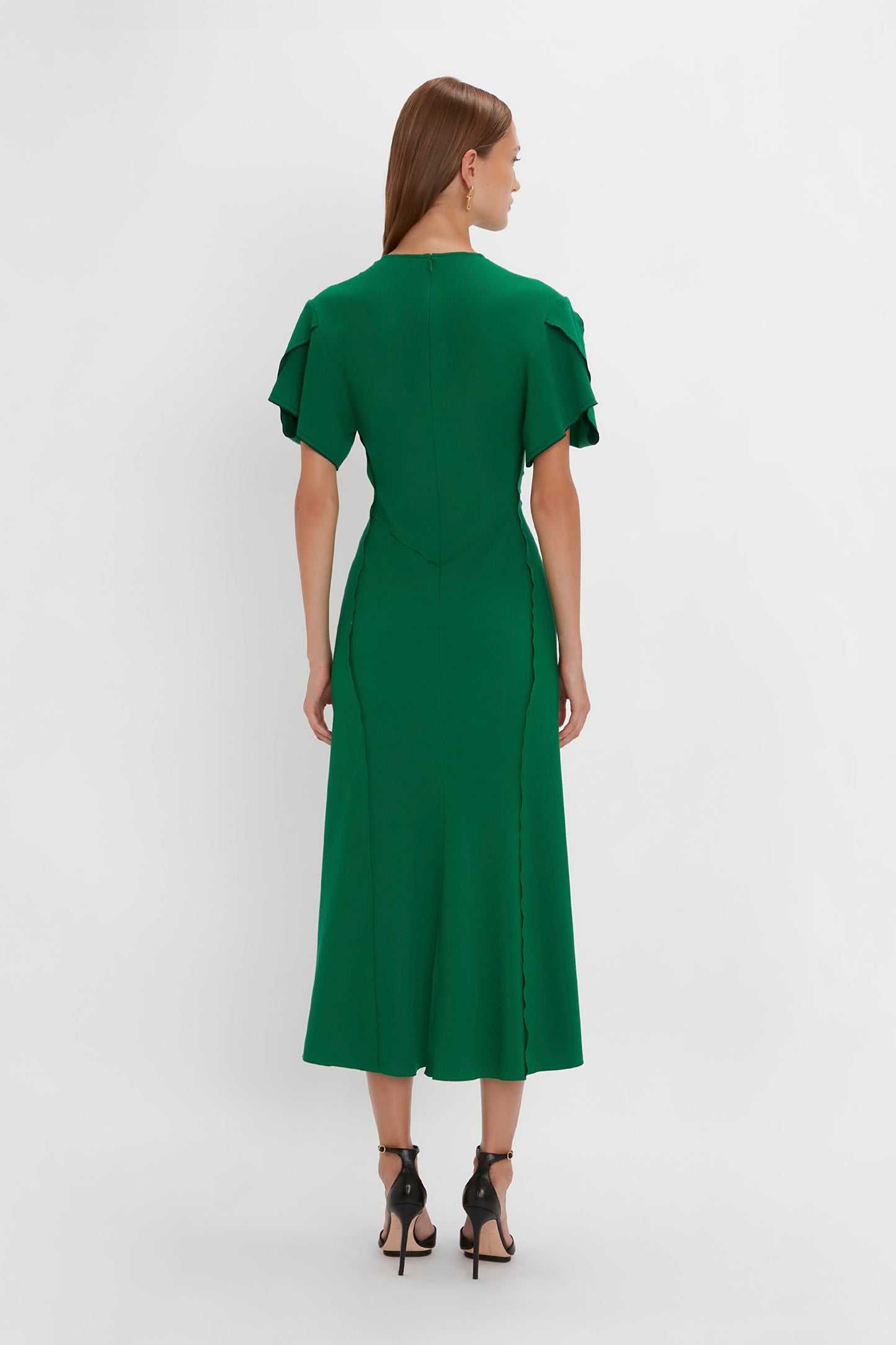 Gathered V-Neck Midi Dress in Emerald – Victoria Beckham US