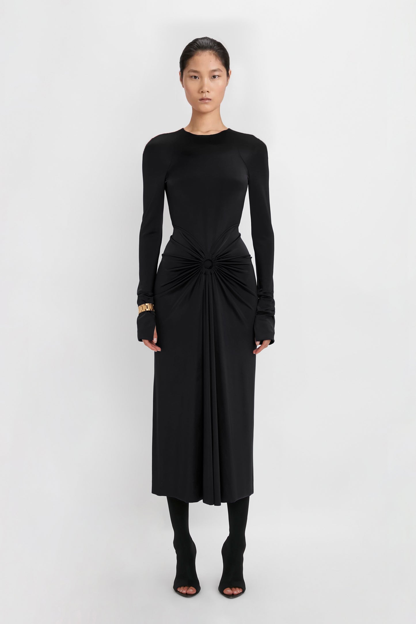 Long Sleeve Gathered Midi Dress In Black