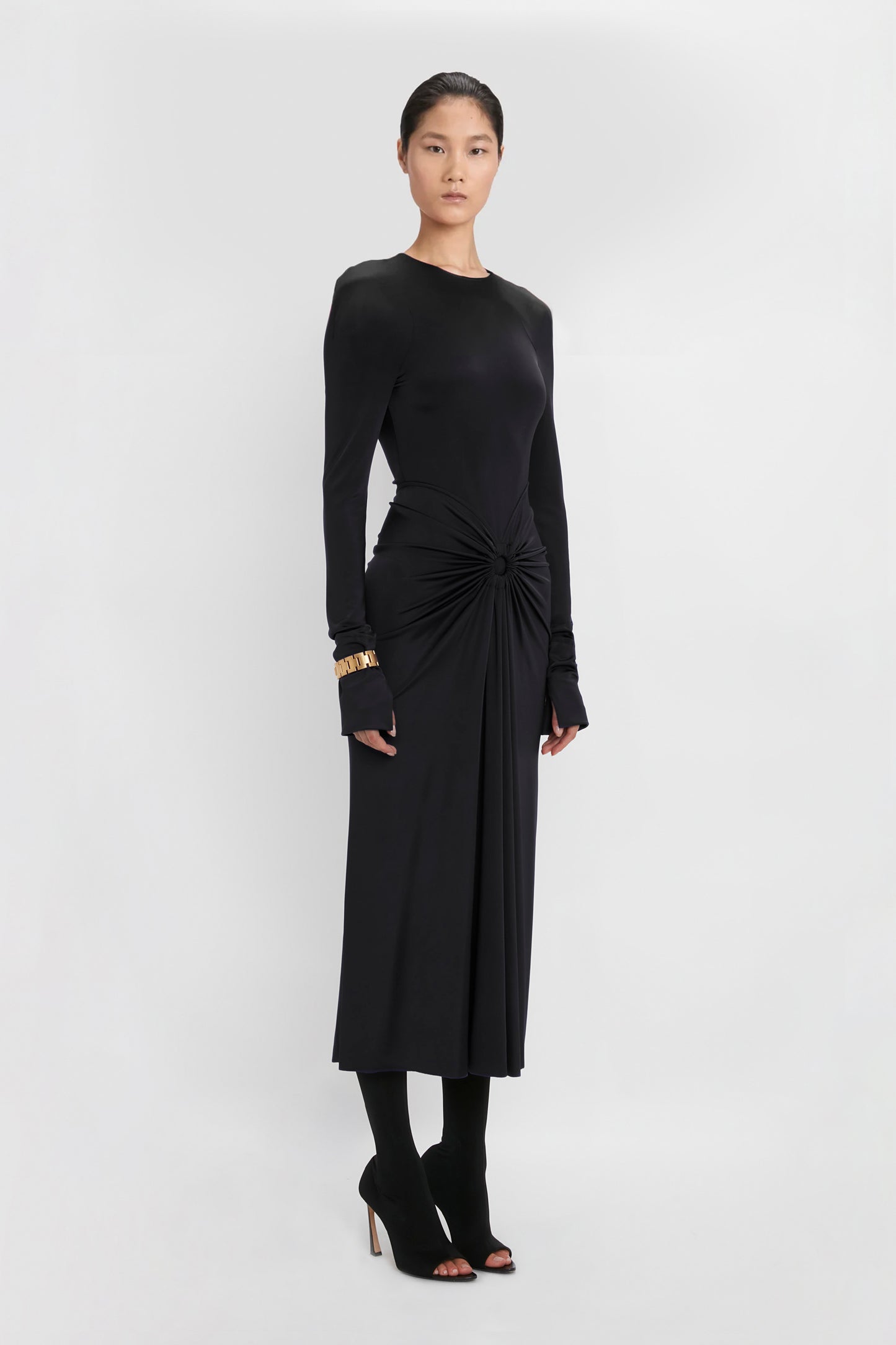 Long Sleeve Gathered Midi Dress In Black