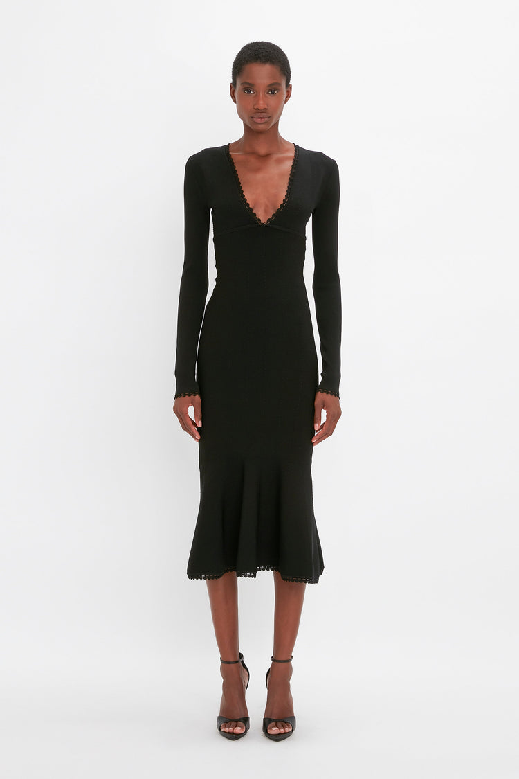 VB Body Long Sleeve V Neck Dress In Black – Victoria Beckham US