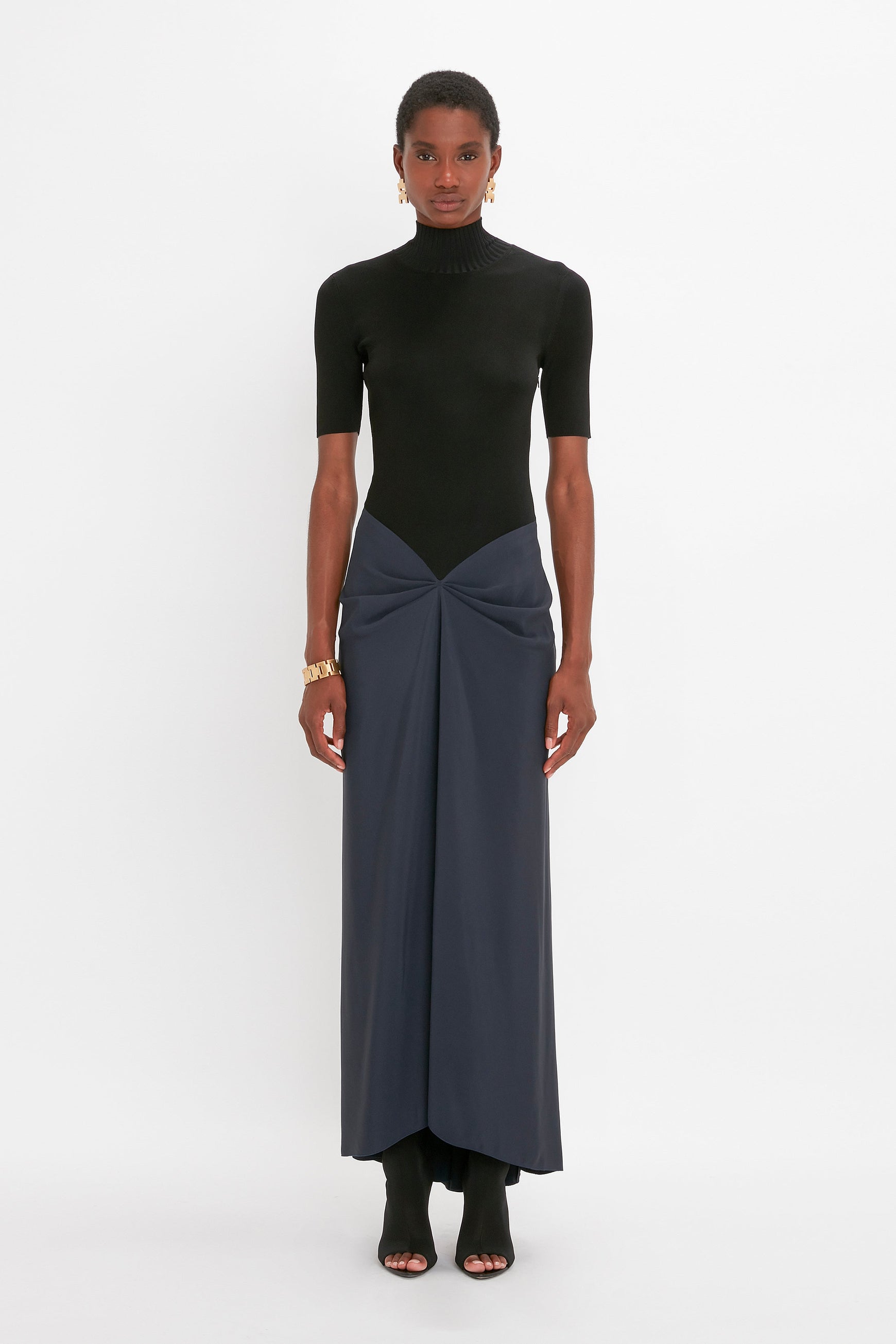 Polo Neck Gathered Dress In Midnight