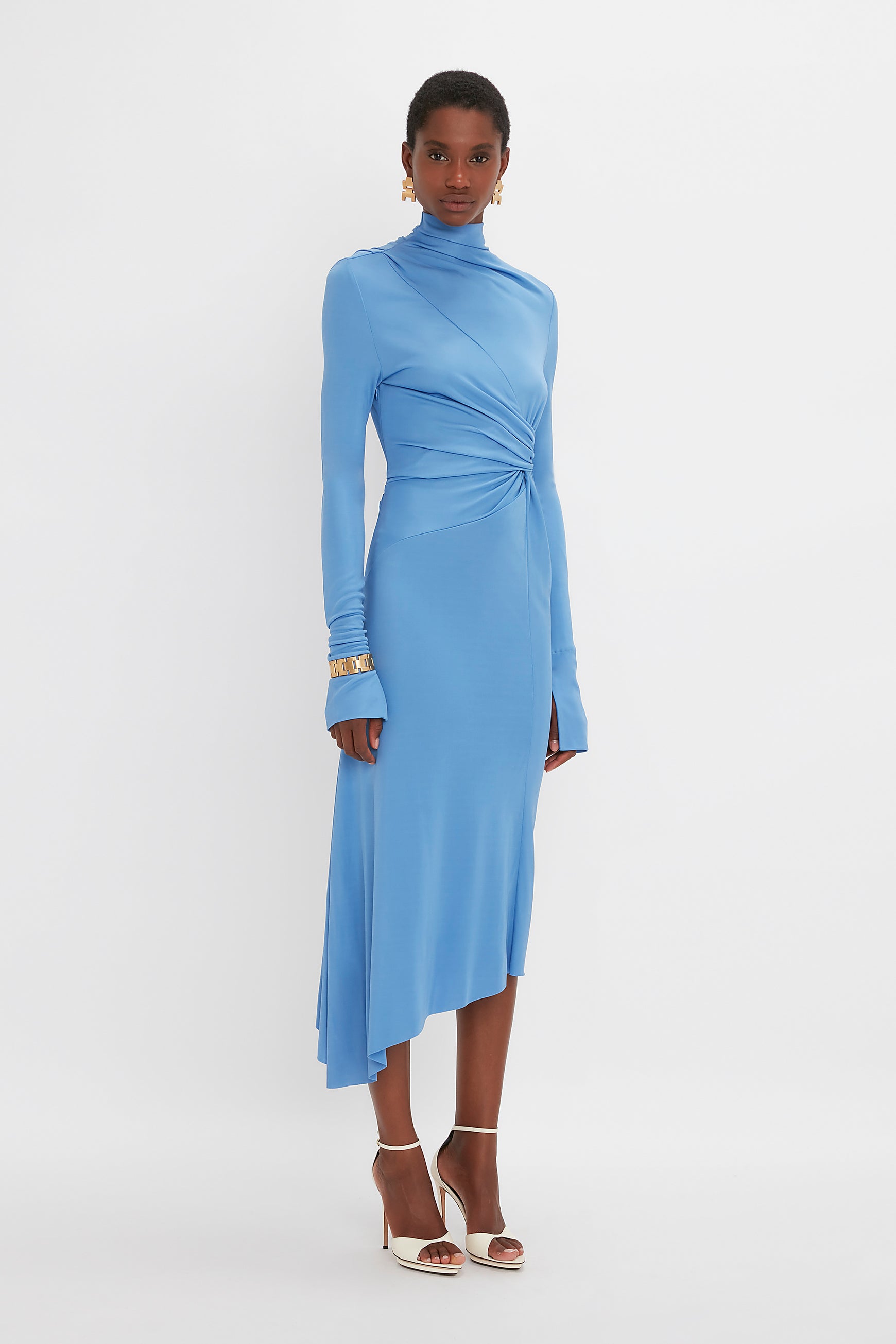 High Neck Asymmetric Draped Dress In Oxford Blue – Victoria Beckham US