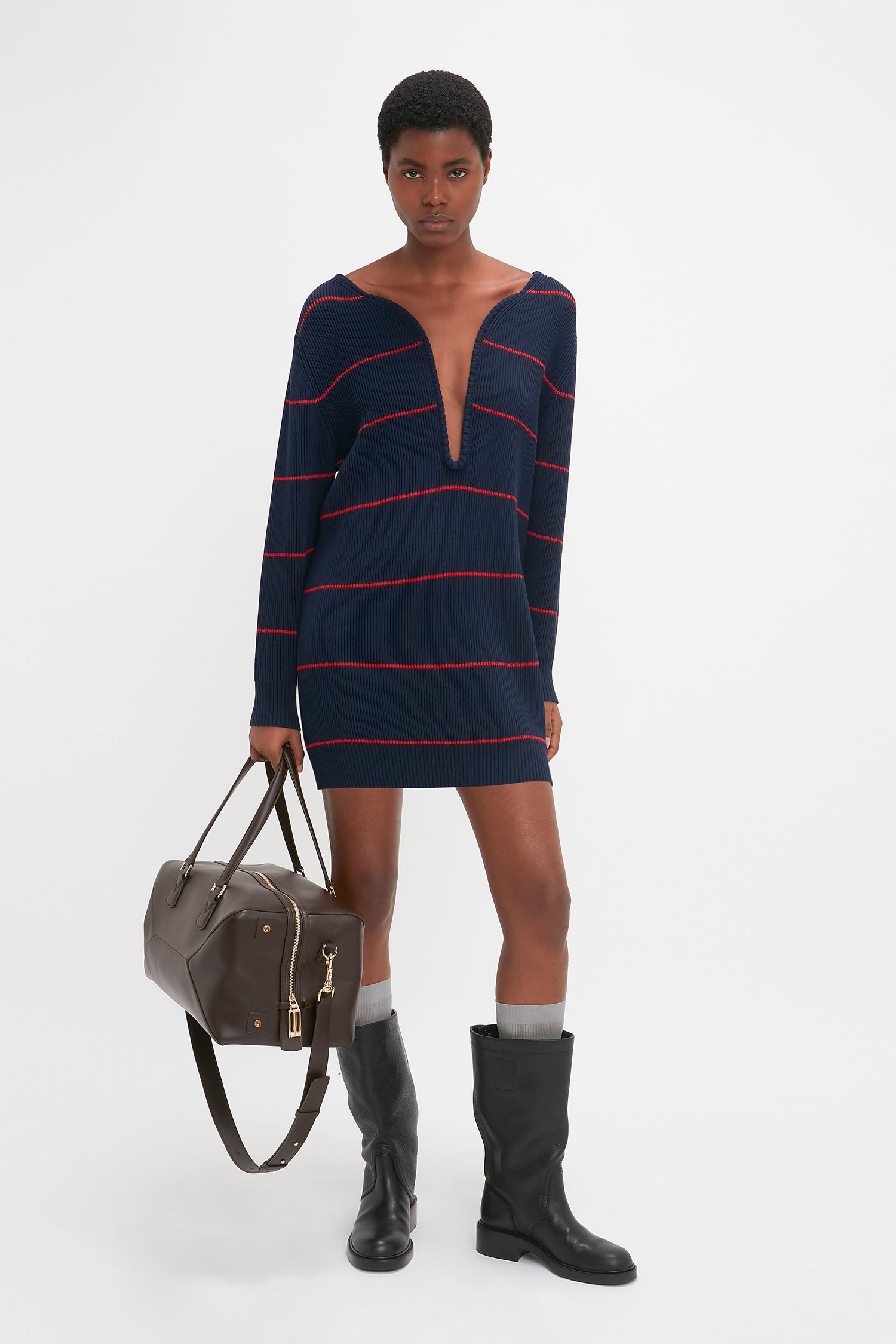 Frame Detail Jumper Dress In Navy-Red – Victoria Beckham Inc