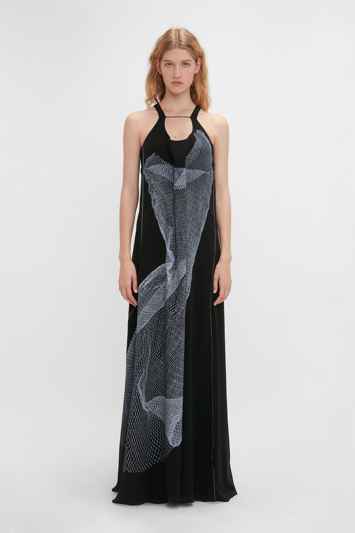Sheer Cami Gown In Black-White Contorted Net