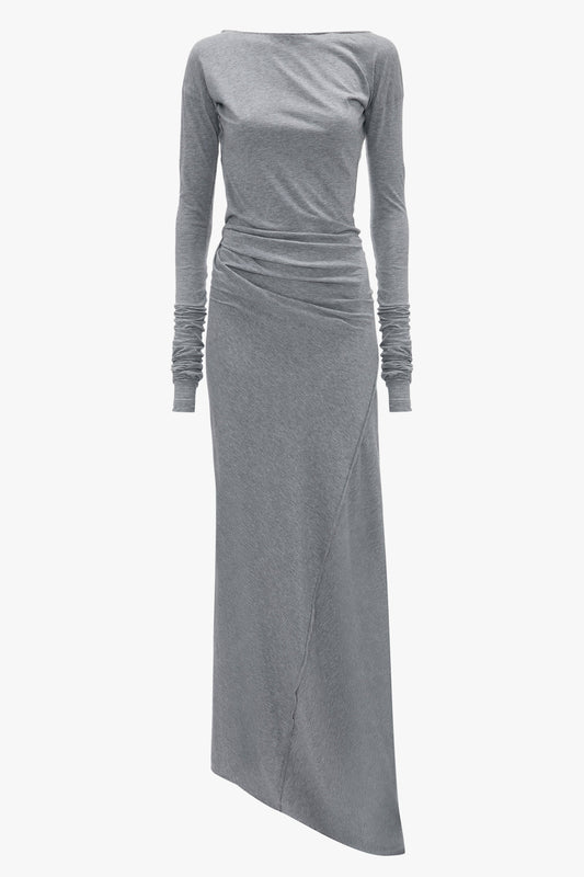 A Long Sleeve Circle Neck Dress In Grey Marl by Victoria Beckham, crafted from a super-soft cotton-jersey blend, featuring a ruched waist and asymmetrical hem, perfect for contemporary eveningwear.
