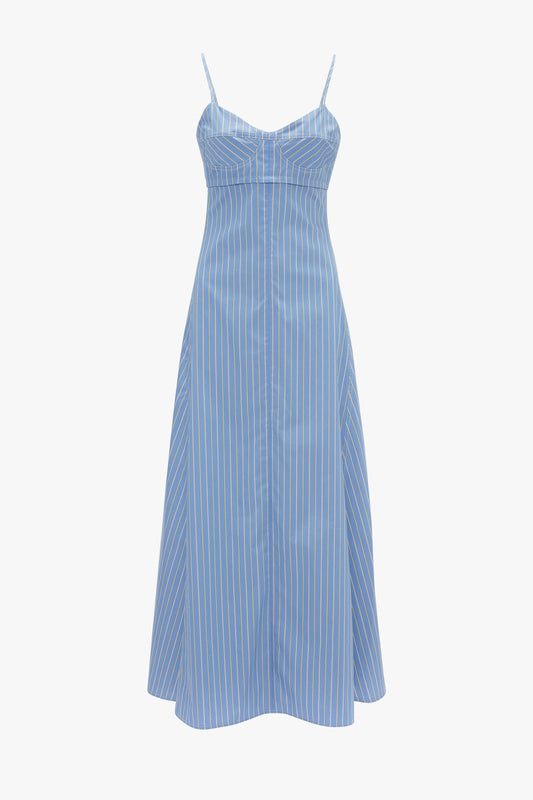 Cami Fit And Flare Midi In Steel Blue sundress with adjustable spaghetti straps and a midi length, isolated on a white background by Victoria Beckham.