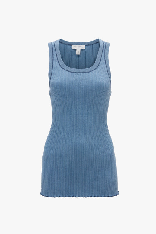 A Fine Knit Micro Stripe Tank In Heritage Blue from Victoria Beckham is displayed against a plain white background.