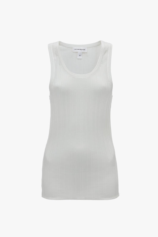A Fine Knit Vertical Stripe Tank In White by Victoria Beckham is displayed against a plain background.