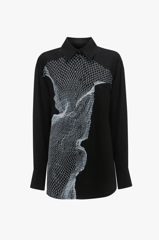 A relaxed-fit masculine shirt, this black long-sleeve button-up features button-cuff sleeves and a striking graphic twisted net print on the front. Introducing the Long Sleeve Pyjama Shirt In Black-White Contorted Net by Victoria Beckham.
