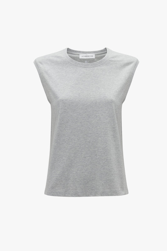 Sleeveless T-Shirt In Grey Marl, crafted from organic cotton, featuring a round neckline and an embroidered VB monogram on a plain white background by Victoria Beckham.