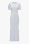 A floor-length, fitted white Gathered Sleeve Midi Dress In Ice by Victoria Beckham with short flutter sleeves, a round neckline, and a graceful crepe back satin finish.