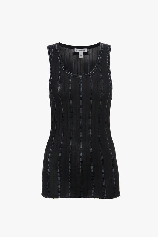 A Fine Knit Vertical Stripe Tank In Black-Blue with vertical stitching details and a rounded neckline, designed in the style of Victoria Beckham, displayed on a white background.