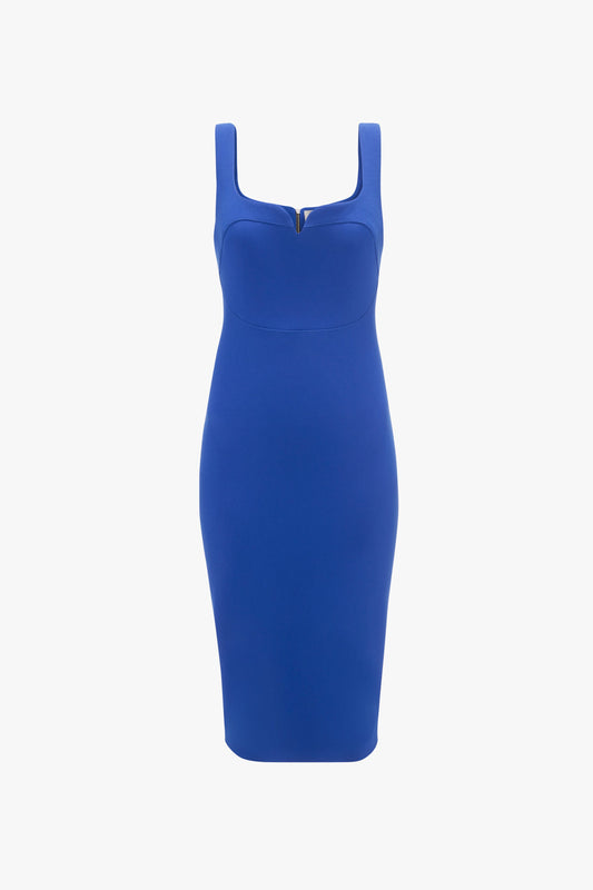 A Sleeveless Fitted T-Shirt Dress In Palace Blue by Victoria Beckham with a mid-length hemline and a sweetheart neckline.