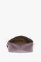 A Victoria Clutch Bag In Burgundy Leather by Victoria Beckham open with a visible beige interior, featuring a zipper closure and a structured design.