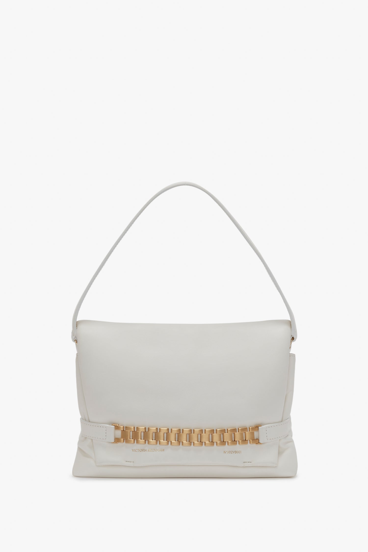 A Victoria Beckham Puffy Chain Pouch Bag With Strap In White Leather featuring a white design with a gold rectangular chain decoration near the bottom and a stylish detachable shoulder strap.