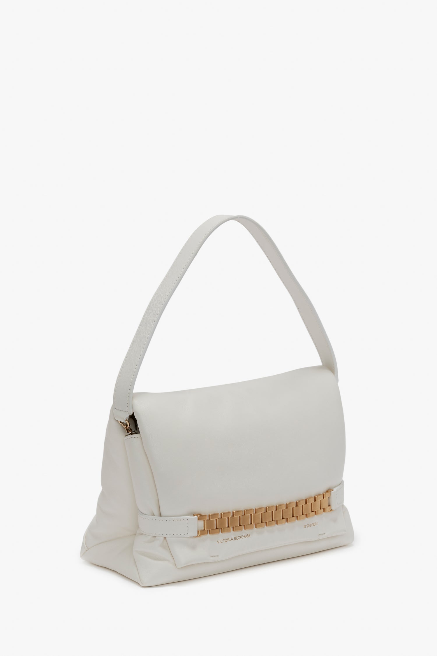 A Victoria Beckham Puffy Chain Pouch Bag With Strap In White Leather featuring a gold chain detail on the front and a puffy chain pouch, with the convenience of a detachable shoulder strap.