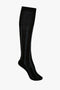 The black knee-high sock with light blue vertical stripes and contemporary design, displayed against a white background, is the Superfine Rib Socks In Black by Victoria Beckham, made from 100% cotton.