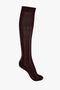 A single, dark-colored knee-high sock with vertical burgundy and white stripes and superfine ribbed detailing at the top from Victoria Beckham's Superfine Rib Socks In Burgundy collection.