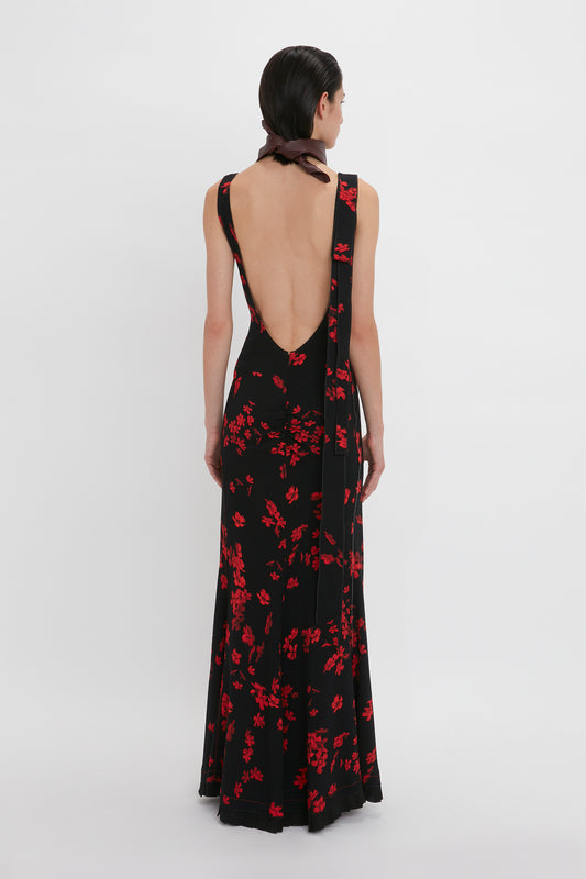 V-Neck Gathered Waist Gown In Sci-Fi Black Floral