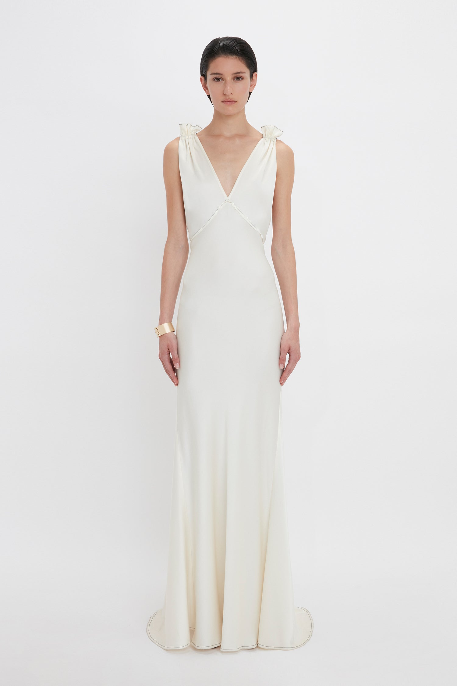 Gathered Shoulder Floor-Length Cami Gown In Ivory – Victoria Beckham US