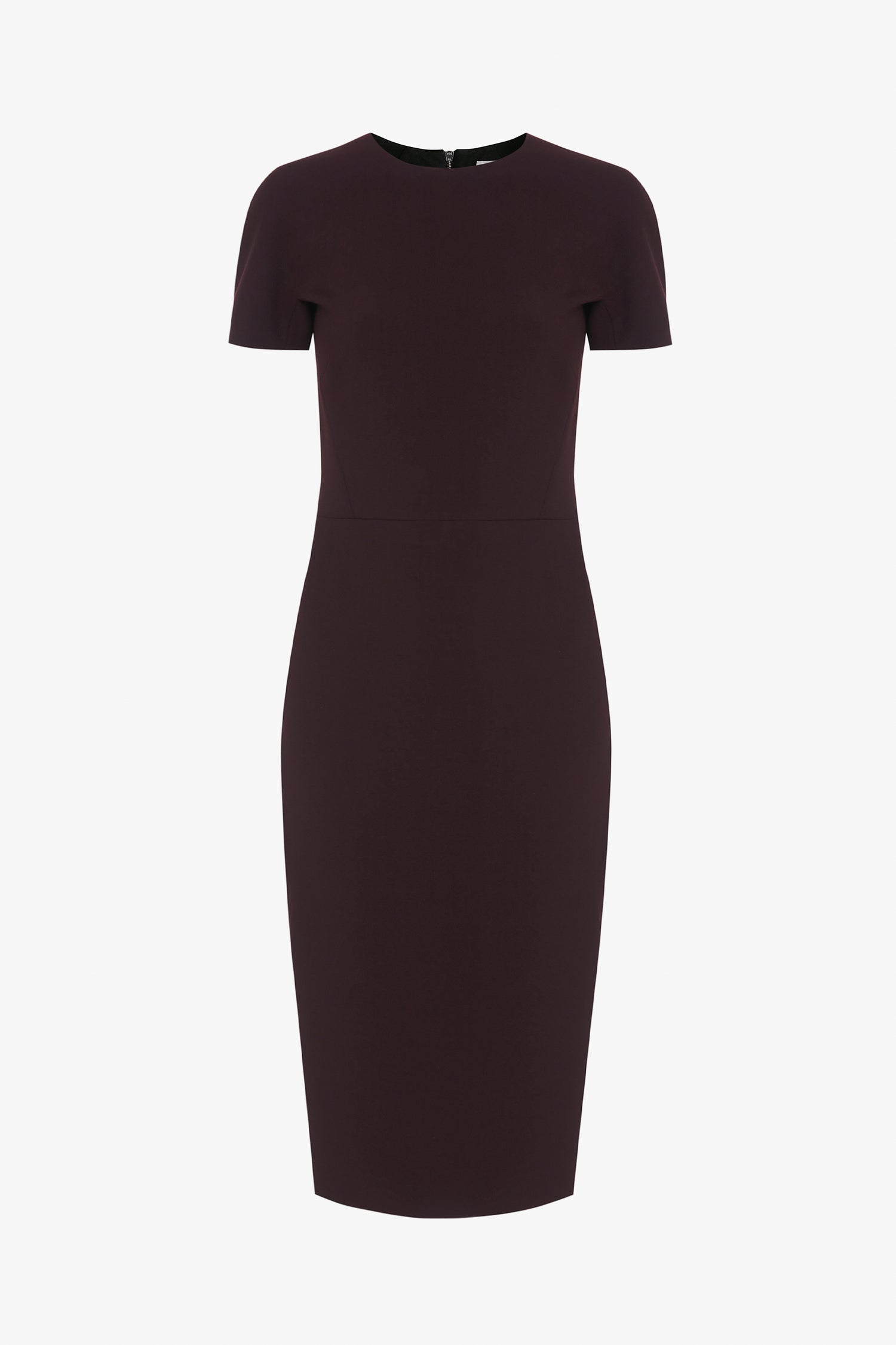 A short-sleeved, dark purple, knee-length Fitted T-Shirt Dress In Deep Mahogany by Victoria Beckham on a plain white background.