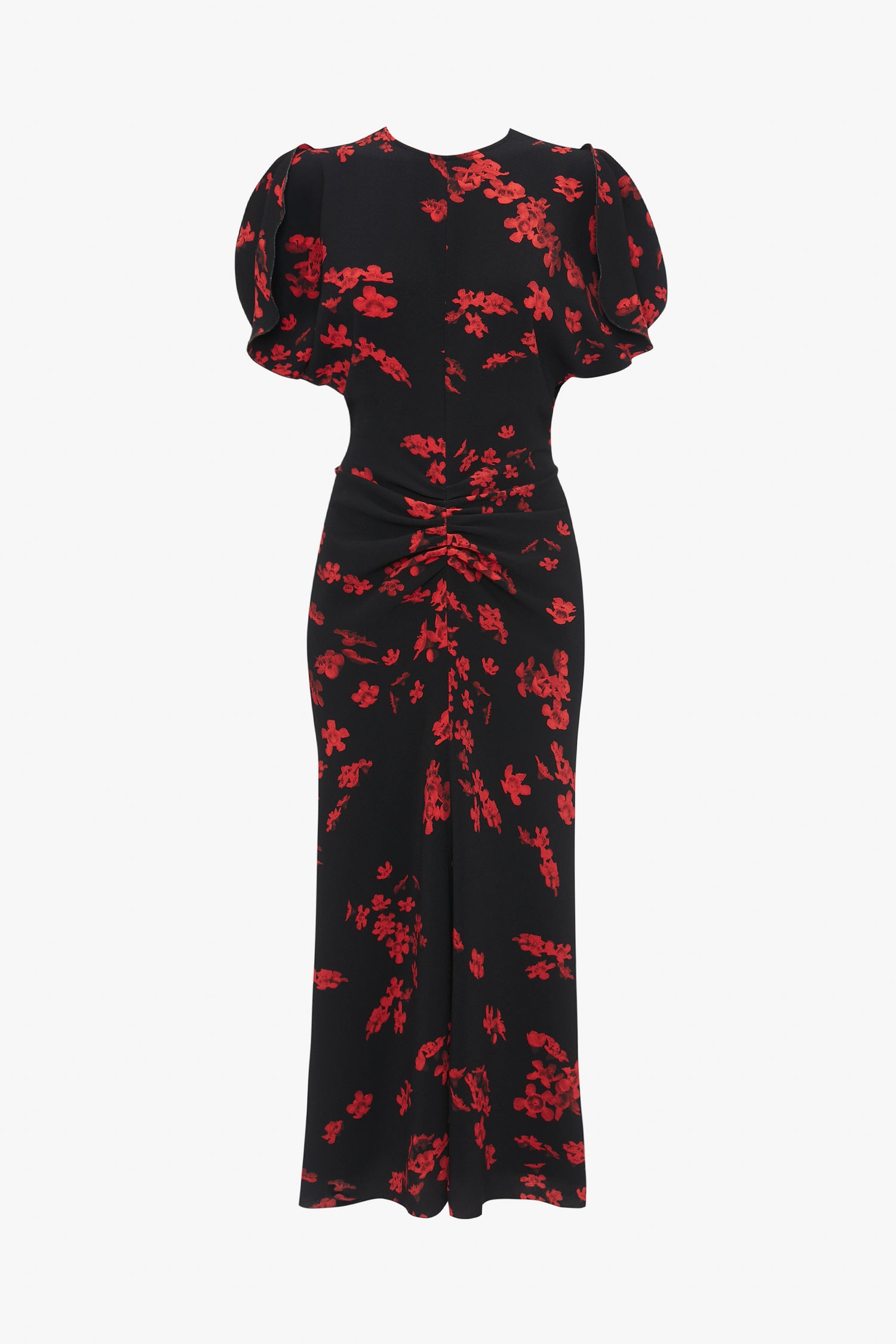 A Gathered Waist Midi Dress In Sci-Fi Black Floral with red floral patterns, featuring short puffed sleeves, a fitted waist with ruching, and a flared skirt for a flattering fit-and-flare silhouette from Victoria Beckham.