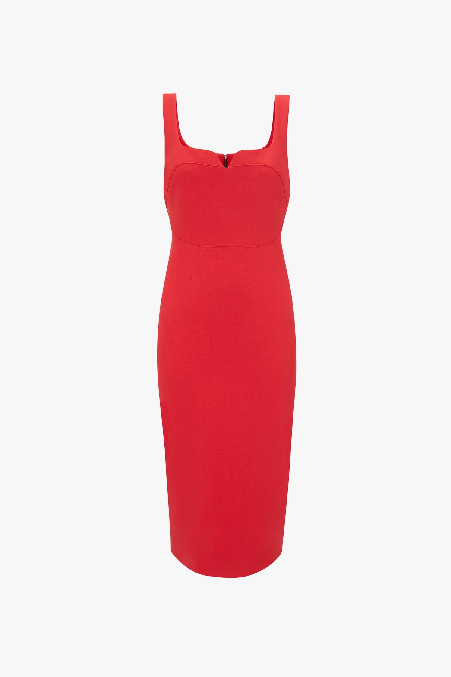 Sleeveless, form-fitting Sleeveless Fitted T-Shirt Dress In Bright Red by Victoria Beckham with a sweetheart neckline, front zipper, and knee-length hem.