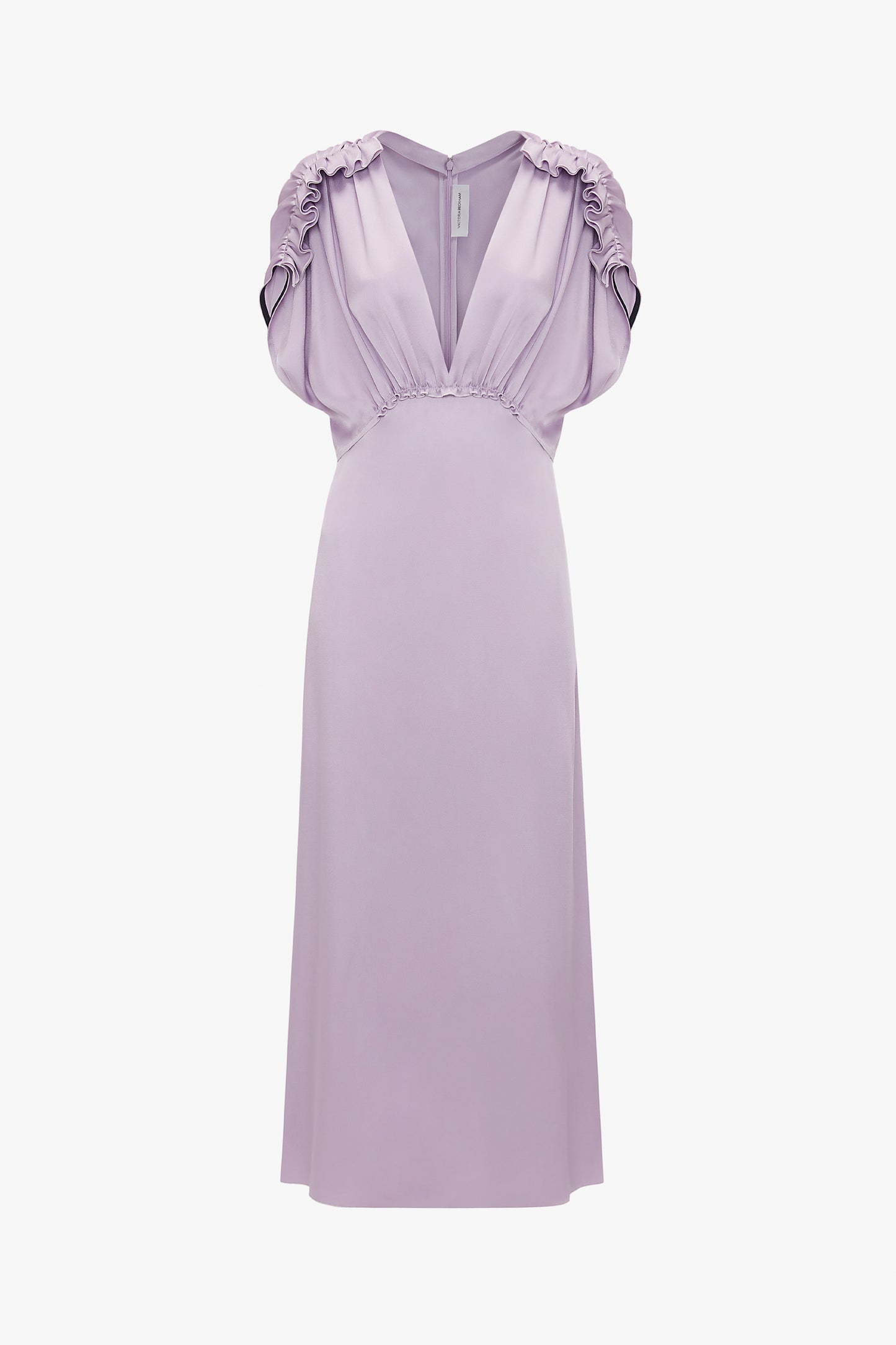 The Victoria Beckham V-Neck Ruffle Midi Dress In Petunia features a deep V-neckline, ruched sleeves, and a cinched waist, perfect for those seeking elegant dresses. Displayed on a white background, this lavender masterpiece exudes sophistication.