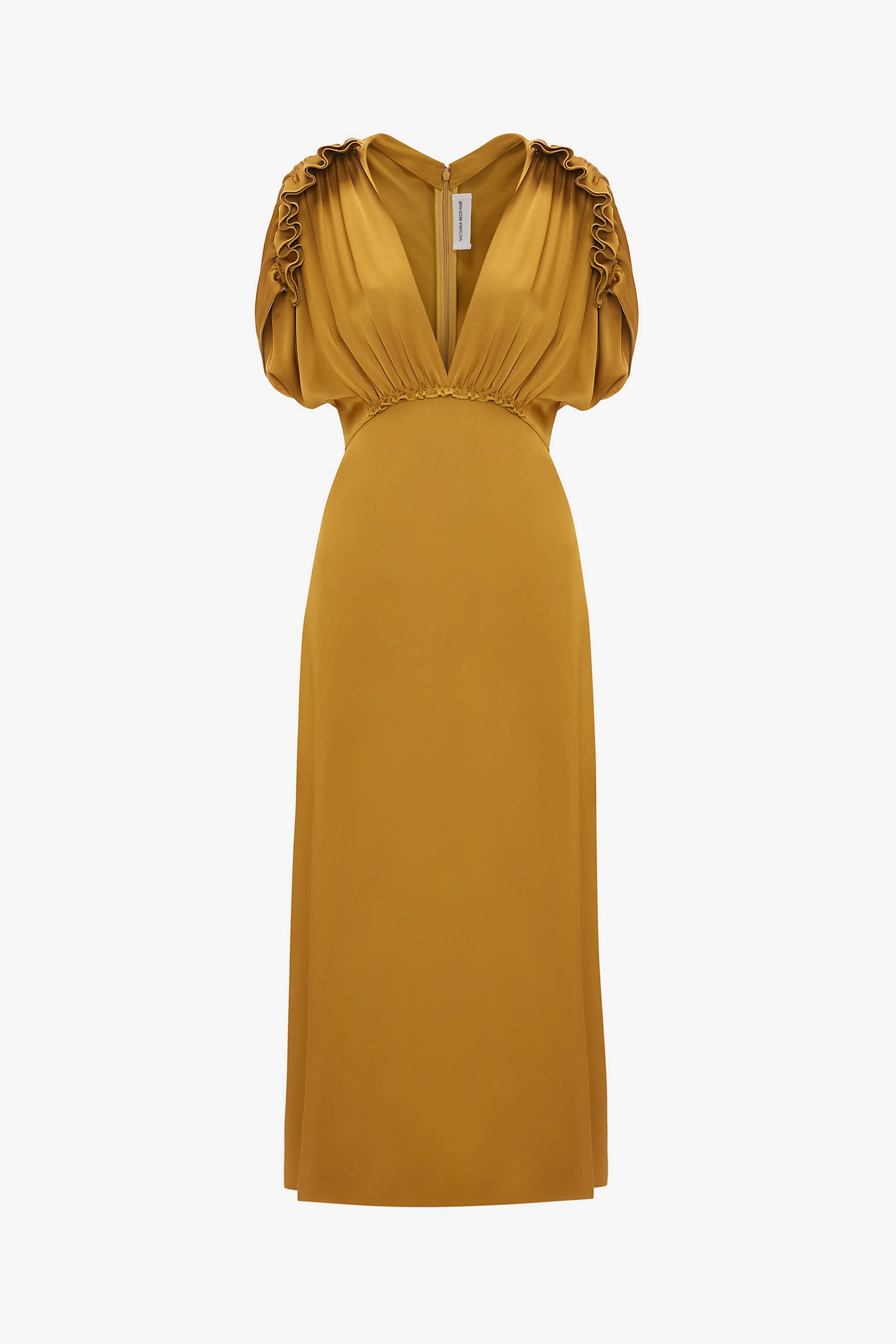 A Victoria Beckham V-Neck Ruffle Midi Dress In Harvest Gold featuring short shoulder frills, an empire waistline, and a deep V-neckline, displayed on a plain white background.
