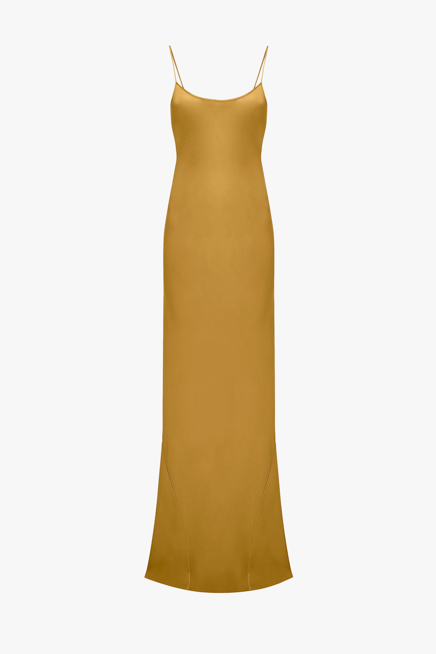 A full-length, sleeveless, Low Back Cami Floor-Length Dress In Harvest Gold by Victoria Beckham in crepe back satin with thin spaghetti straps and a fitted silhouette.