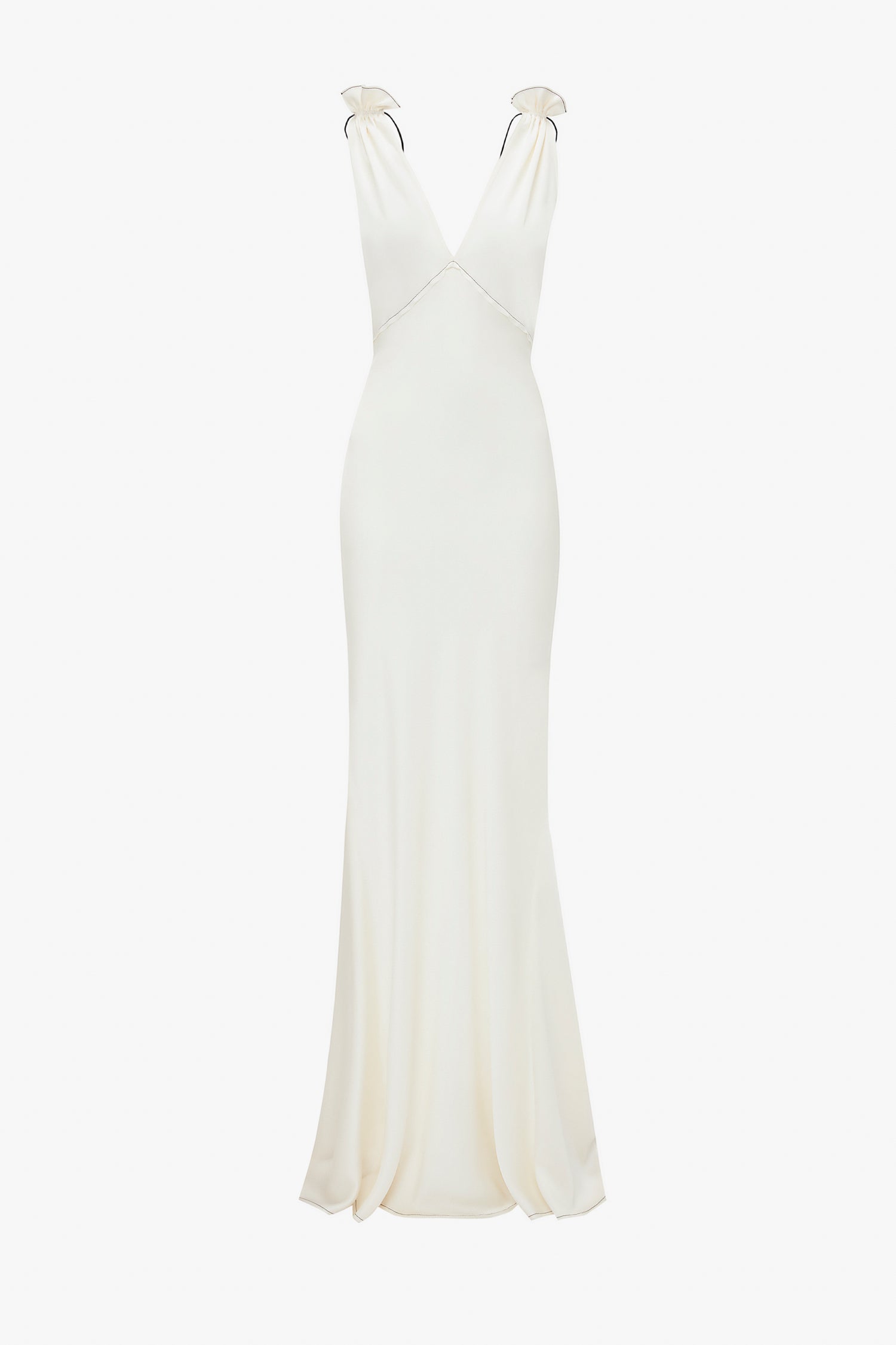 An Victoria Beckham Gathered Shoulder Floor-Length Cami Gown In Ivory crafted from luxurious crepe back satin, this floor-length, sleeveless ivory gown features a deep V-neckline and slight flare at the hem, displayed against a white background.